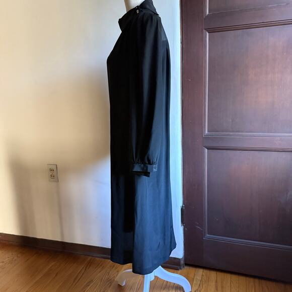 80s Vintage | LUCI PELLINI | Black Silk Split Neck Blouson Sleeve Midi Dress 5/6 - Picture 5 of 10